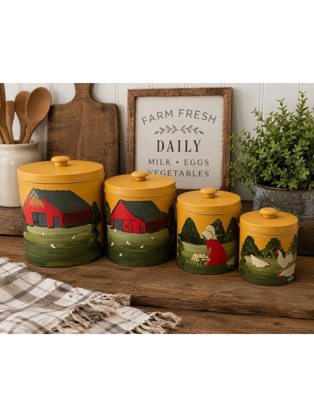 Vintage Hand Painted Folk Art J.L. Clark Farm Metal Canister Set of 4